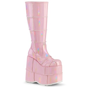 Men Demonia Stack-301 Knee-high Boots Baby Pink Hologram | BHZ826537