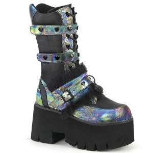 Women's Demonia Ashes-120 Platform Boots Black Vegan Leather Green Multi Oil | VXU984607