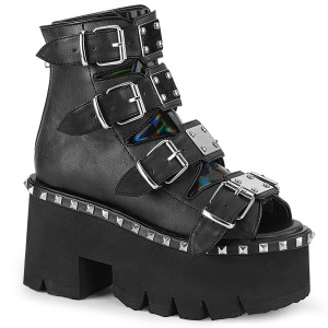 Women's Demonia Ashes-70 Platform Boots Black Vegan Leather & Hologram | MRL602518