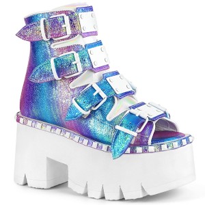 Women's Demonia Ashes-70 Platform Boots Purple Multi Iridescent Vegan Leather | DTC074631