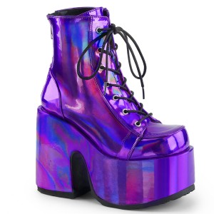 Women's Demonia Camel-203 Platform Boots Purple Hologram Vegan Leather | CXE196580