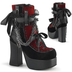 Women's Demonia Charade-110 Platform Boots Black Vegan Leather-Red/Black Velvet-Fishnet Overlay | KYS976548