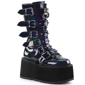 Women's Demonia Damned-225 Knee-high Boots Black Hologram Vegan Leather | NVO152960