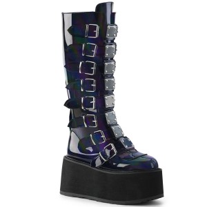 Women's Demonia Damned-318 Knee-high Boots Black Hologram Vegan Leather | AEX139048