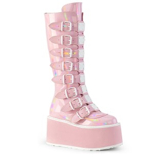 Women's Demonia Damned-318 Knee-high Boots Baby Pink Holo Patent | CGE591237