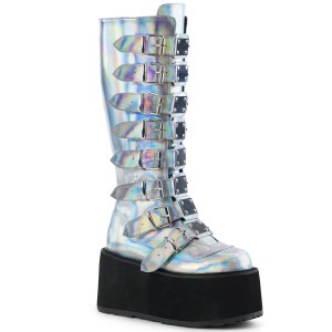 Women's Demonia Damned-318 Knee-high Boots Silver Hologram Vegan Leather | WEA176048