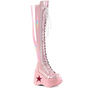 Women's Demonia Dynamite-300 Knee-high Boots Baby Pink Stretch Holo | OFR961738