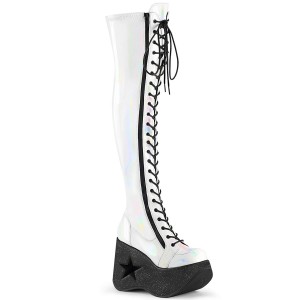 Women's Demonia Dynamite-300 Knee-high Boots White Stretch Holo | ERJ876401