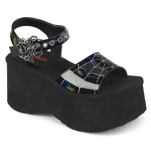 Women's Demonia Funn-10 Sandals Black Holo Patent | MOU831904