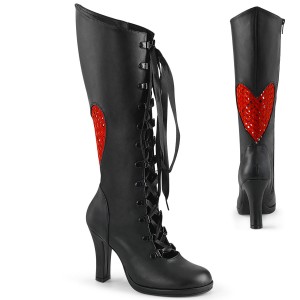 Women's Demonia Glam-243 Knee-high Boots Black Vegan Leather- Red Satin | AXL352047