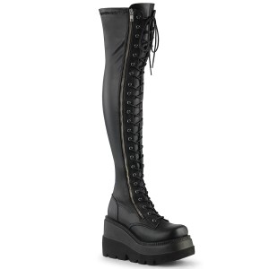 Women's Demonia Shaker-374 Thigh High Boots Black Str. Vegan Leather | CAR278653