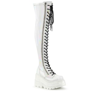 Women's Demonia Shaker-374 Thigh High Boots White Hologram Stretch Patent | BCP309781