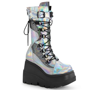 Women's Demonia Shaker-70 Knee-high Boots Silver Holo. Vegan Leather-Black Fishnet | BNI086957