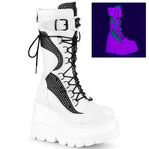 Women's Demonia Shaker-70 Knee-high Boots White Vegan Leather-Black Fishnet | SRU376580