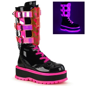 Women's Demonia Slacker-156 Platform Boots Black Patent-UV Neon Pink | UZK810245