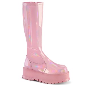 Women's Demonia Slacker-200 Knee-high Boots Baby Pink Holo Patent | BOZ582136