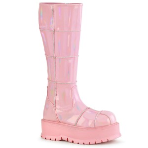 Women's Demonia Slacker-230 Knee-high Boots Baby Pink Hologram Patent | GIR738201