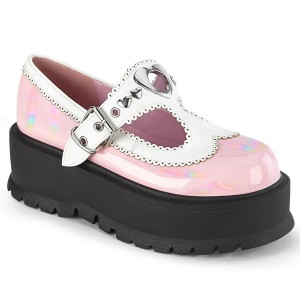 Women's Demonia Slacker-23 Mary Janes Baby Pink Holo Patent-White Vegan Leather | MHU041372