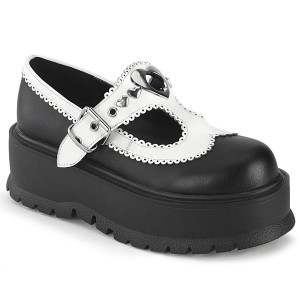 Women's Demonia Slacker-23 Mary Janes Black-White Vegan Leather | UXH356982