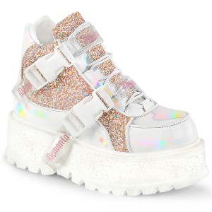 Women's Demonia Slacker-50 Ankle Boots White Holographic Patent-Baby Pink Multi Glitter | RWG689043