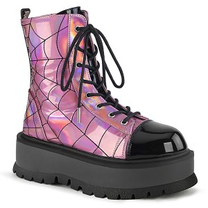 Women's Demonia Slacker-88 Platform Boots Pink Hologram-Black Patent | SFG219405