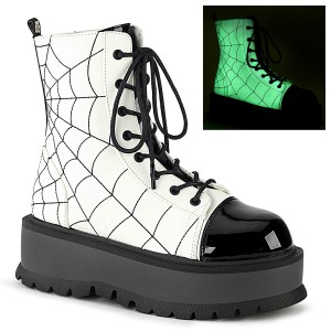 Women's Demonia Slacker-88 Platform Boots White Glow Vegan Leather-Black Patent | QZW182530