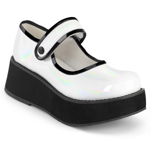 Women's Demonia Sprite-01 Mary Janes White Holo Patent | LSH287149