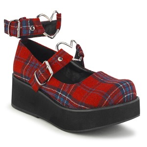 Women's Demonia Sprite-02 Mary Janes Red Plaid Fabric | JZL423059