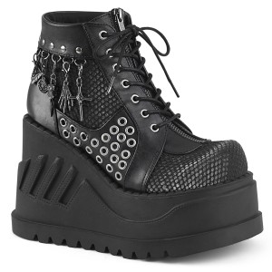 Women's Demonia Stomp-18 Platform Boots Black Vegan Leather-Gray Velvet | WRB043586