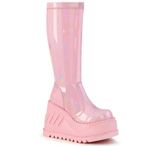 Women's Demonia Stomp-200 Platform Boots Baby Pink Hologram Stretch Patent | GPT250689