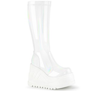 Women's Demonia Stomp-200 Platform Boots White Hologram Stretch Patent | QEX375604