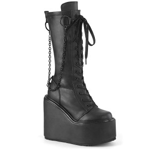 Women's Demonia Swing-150 Platform Boots Black Stretch Vegan Leather | VIT897530