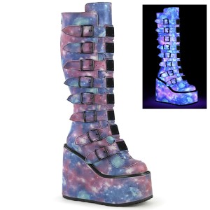 Women's Demonia Swing-815 Knee-high Boots Purple-Blue Reflective Vegan Leather | ZHR640158