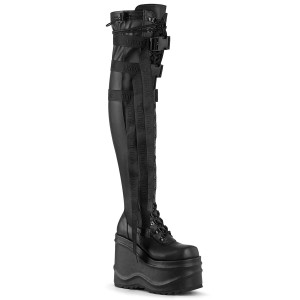 Women's Demonia Wave-315 Thigh High Boots Black Stretch Vegan Leather | XQB038251