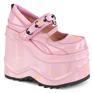 Women's Demonia Wave-48 Platform Shoes Baby Pink Hologram Patent | CNI601487