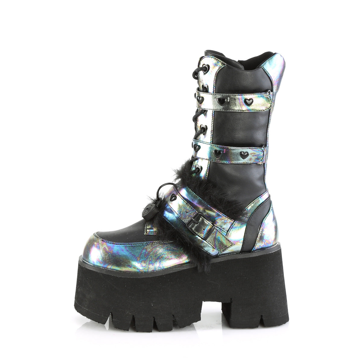 Women's Demonia Ashes-120 Platform Boots Black Vegan Leather Green Multi Oil | VXU984607