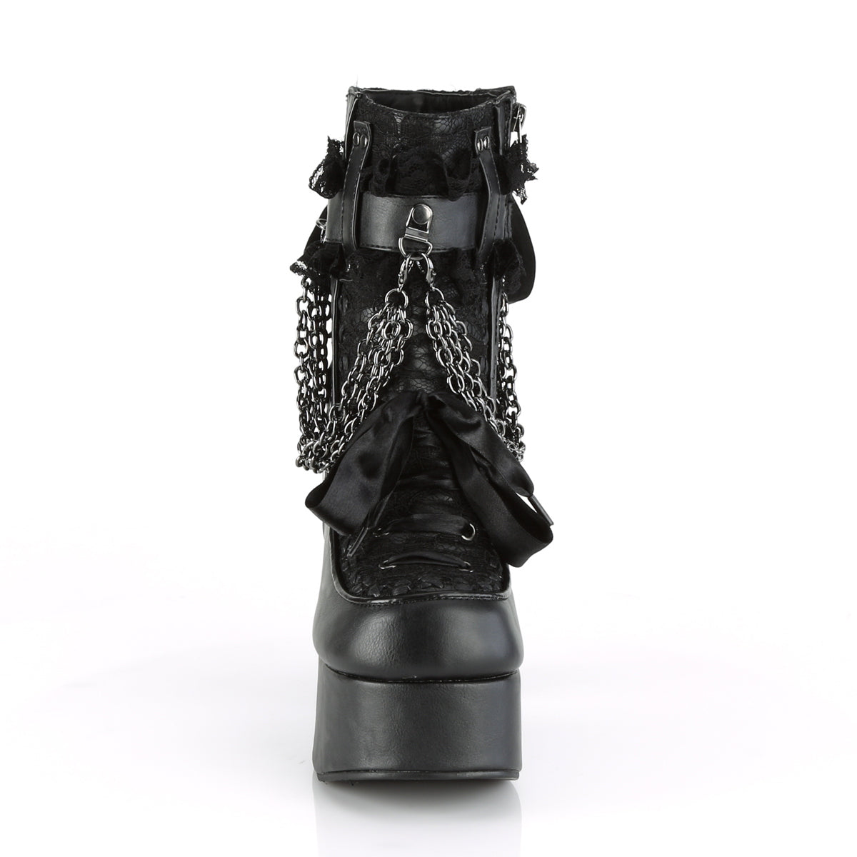 Women's Demonia Charade-110 Platform Boots Black Vegan Leather-Lace Overlay | QUW519802