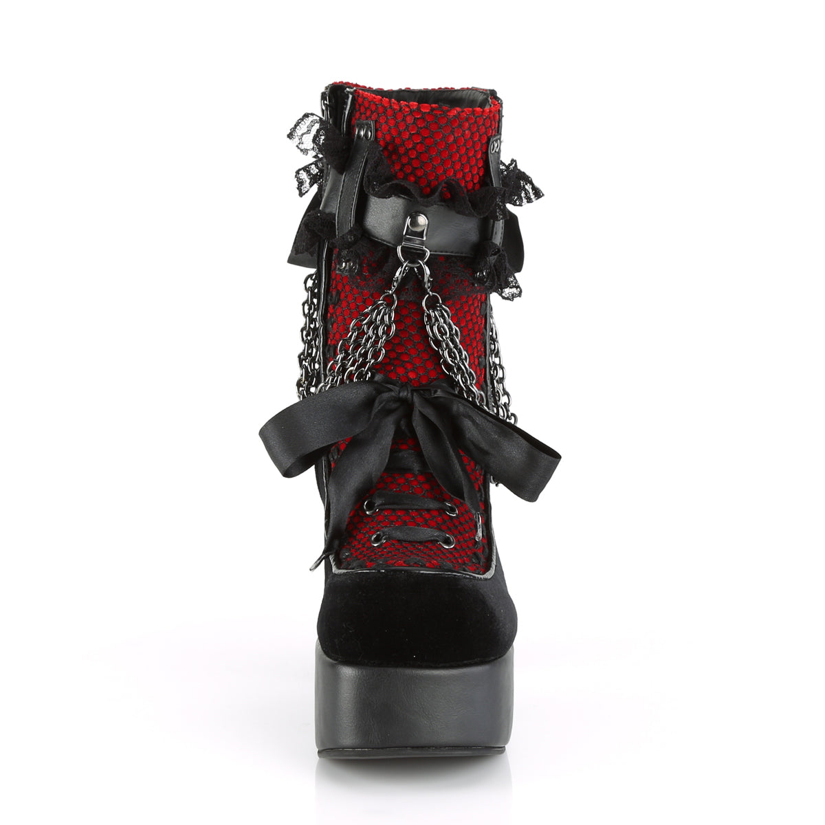 Women's Demonia Charade-110 Platform Boots Black Vegan Leather-Red/Black Velvet-Fishnet Overlay | KYS976548