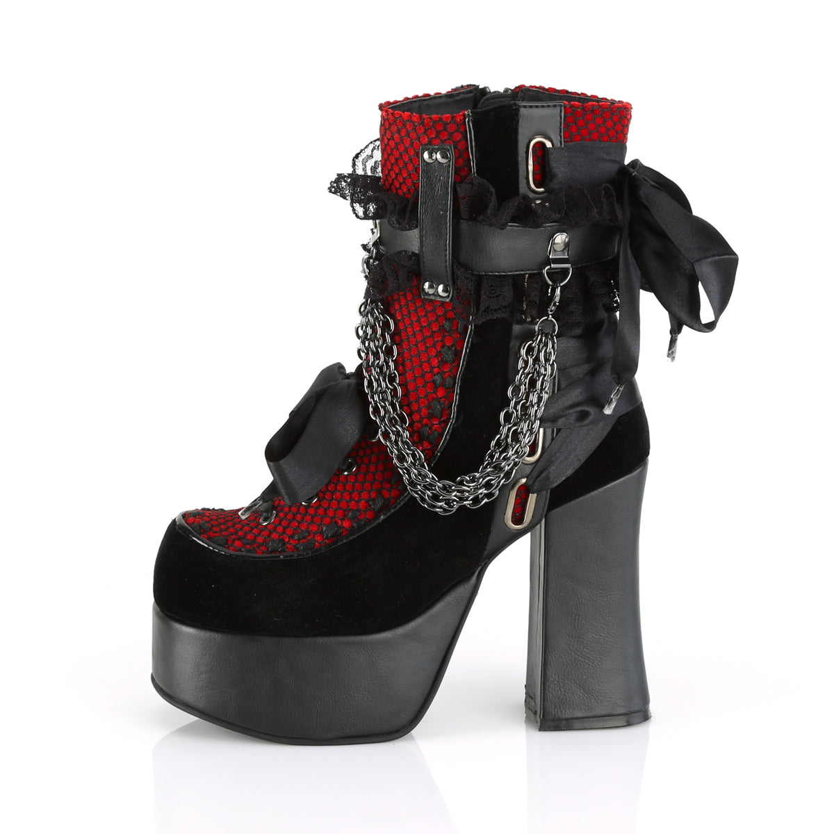 Women's Demonia Charade-110 Platform Boots Black Vegan Leather-Red/Black Velvet-Fishnet Overlay | KYS976548