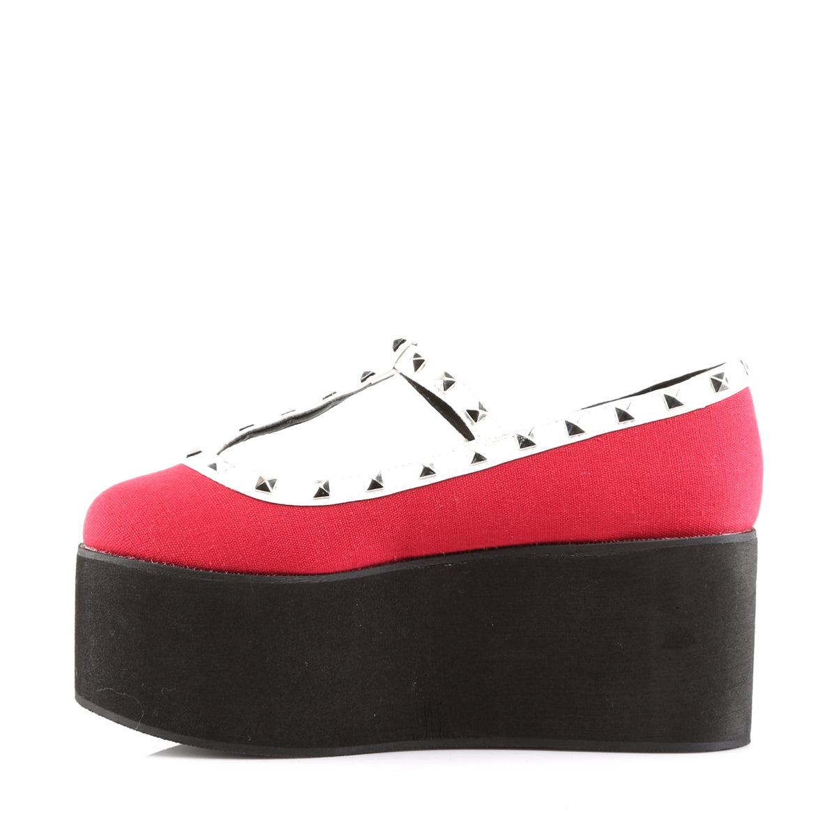 Women's Demonia Click-07 Mary Janes Red Canvas-Black-White Vegan Leather | AFR246593