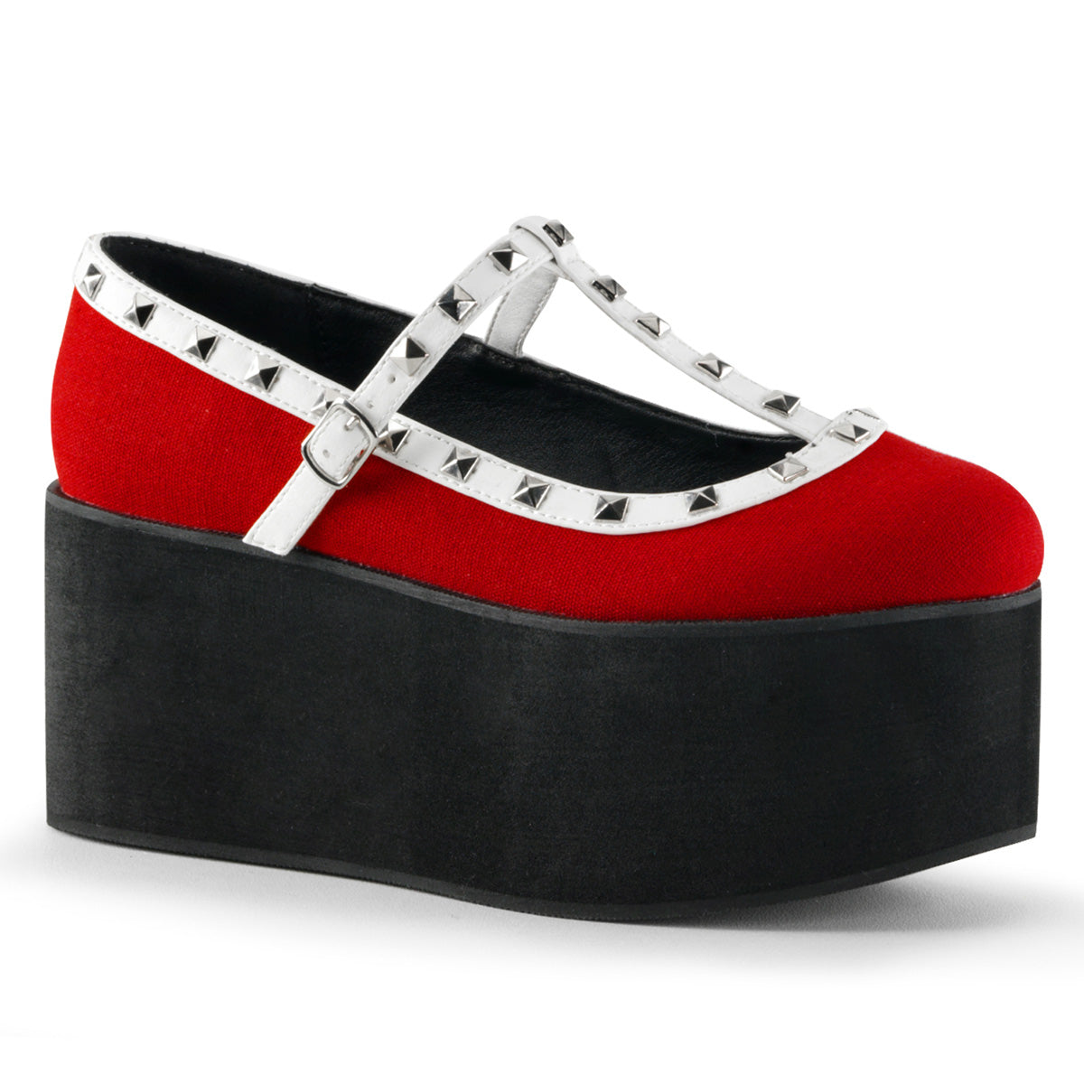 Women\'s Demonia Click-07 Mary Janes Red Canvas-Black-White Vegan Leather | AFR246593