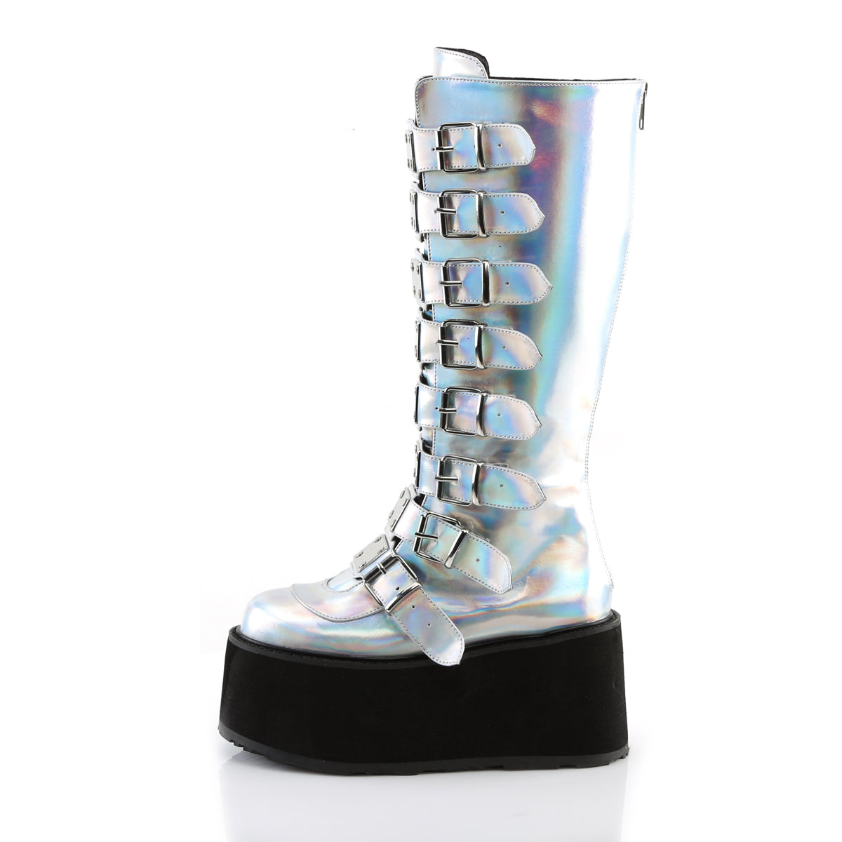 Women's Demonia Damned-318 Knee-high Boots Silver Hologram Vegan Leather | WEA176048