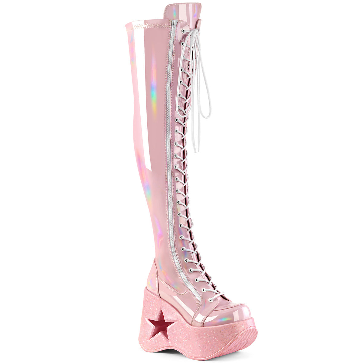 Women\'s Demonia Dynamite-300 Knee-high Boots Baby Pink Stretch Holo | OFR961738