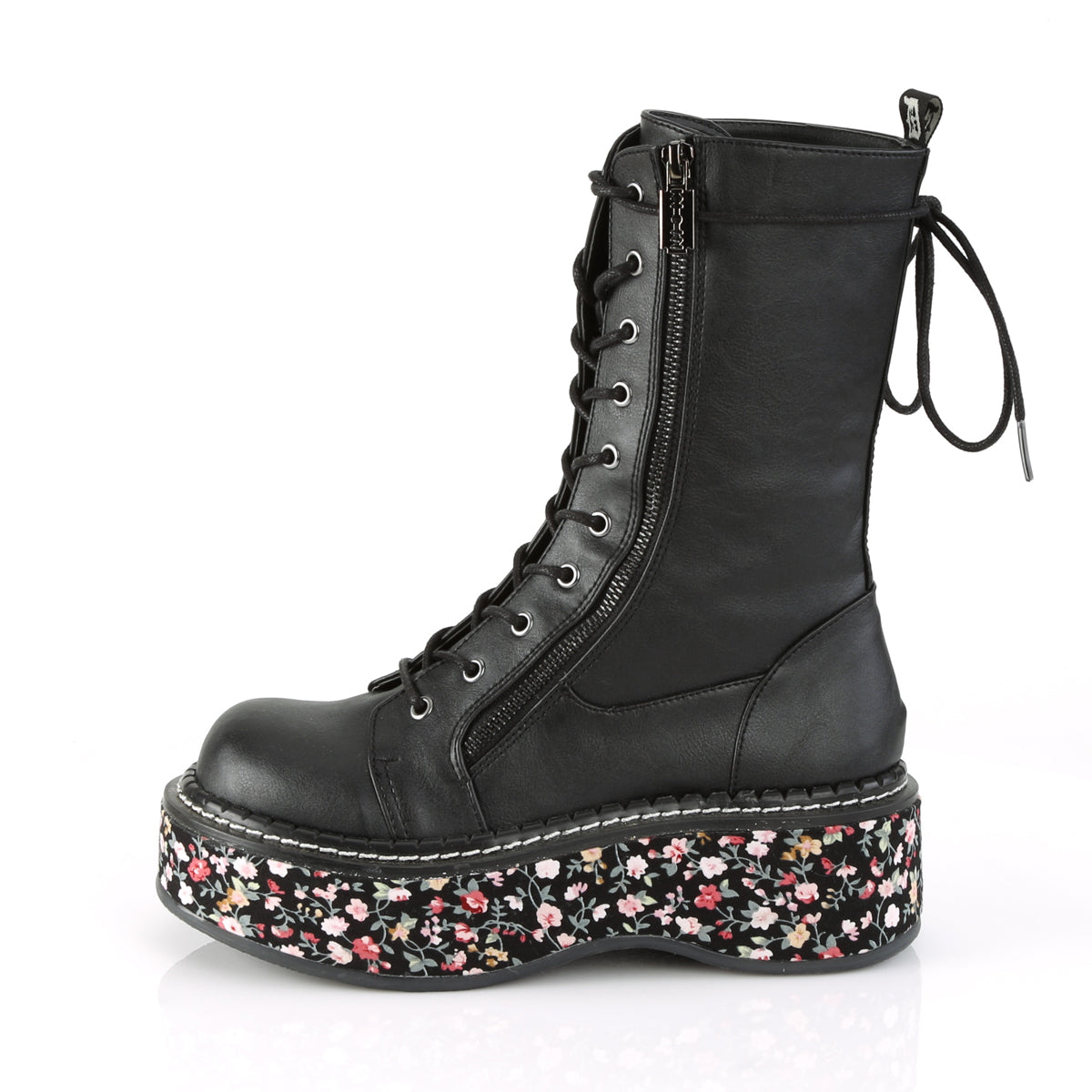 Women's Demonia Emily-350 Knee-high Boots Black Vegan Leather-Floral Fabric | LZD453926