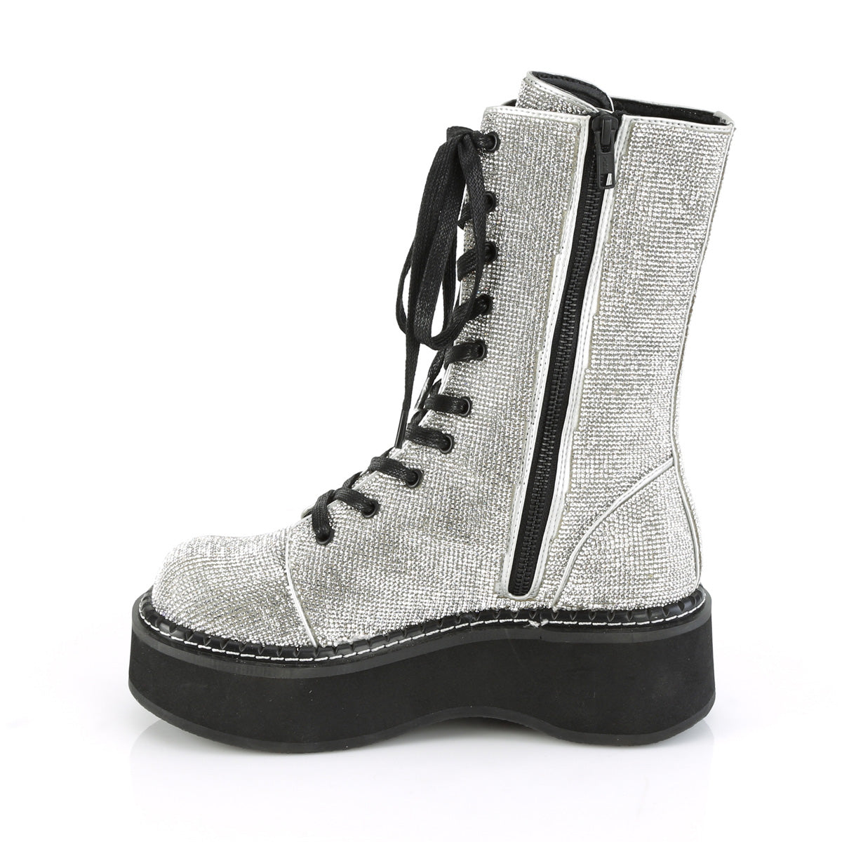 Women's Demonia Emily-362 Platform Boots Silver Vegan Leather-Rhinstone | AOK309572