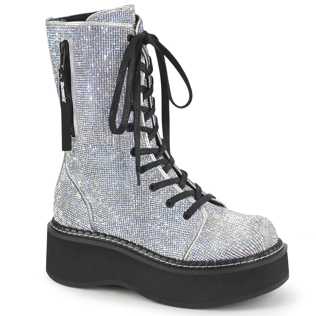 Women\'s Demonia Emily-362 Platform Boots Silver Vegan Leather-Rhinstone | AOK309572