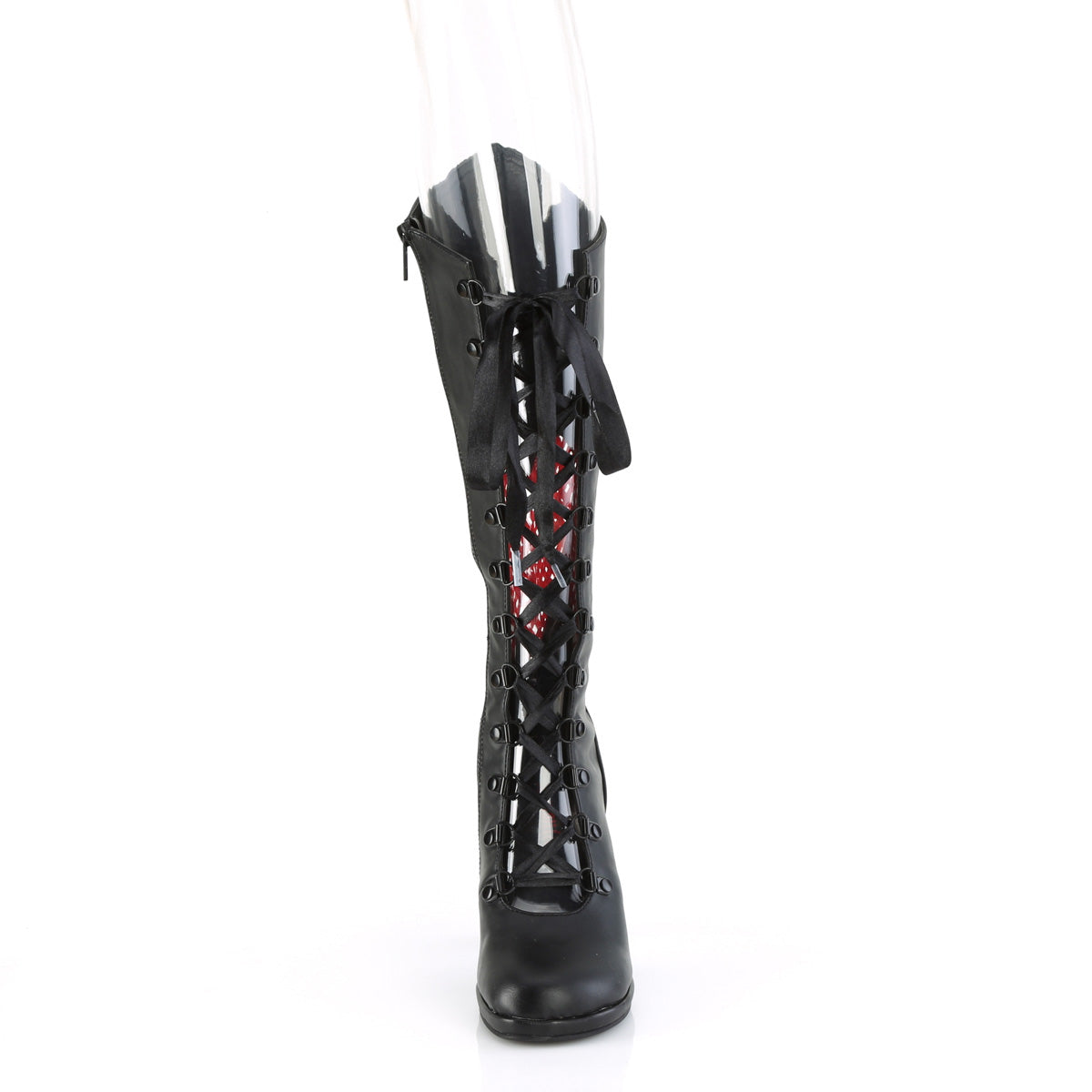 Women's Demonia Glam-243 Knee-high Boots Black Vegan Leather- Red Satin | AXL352047