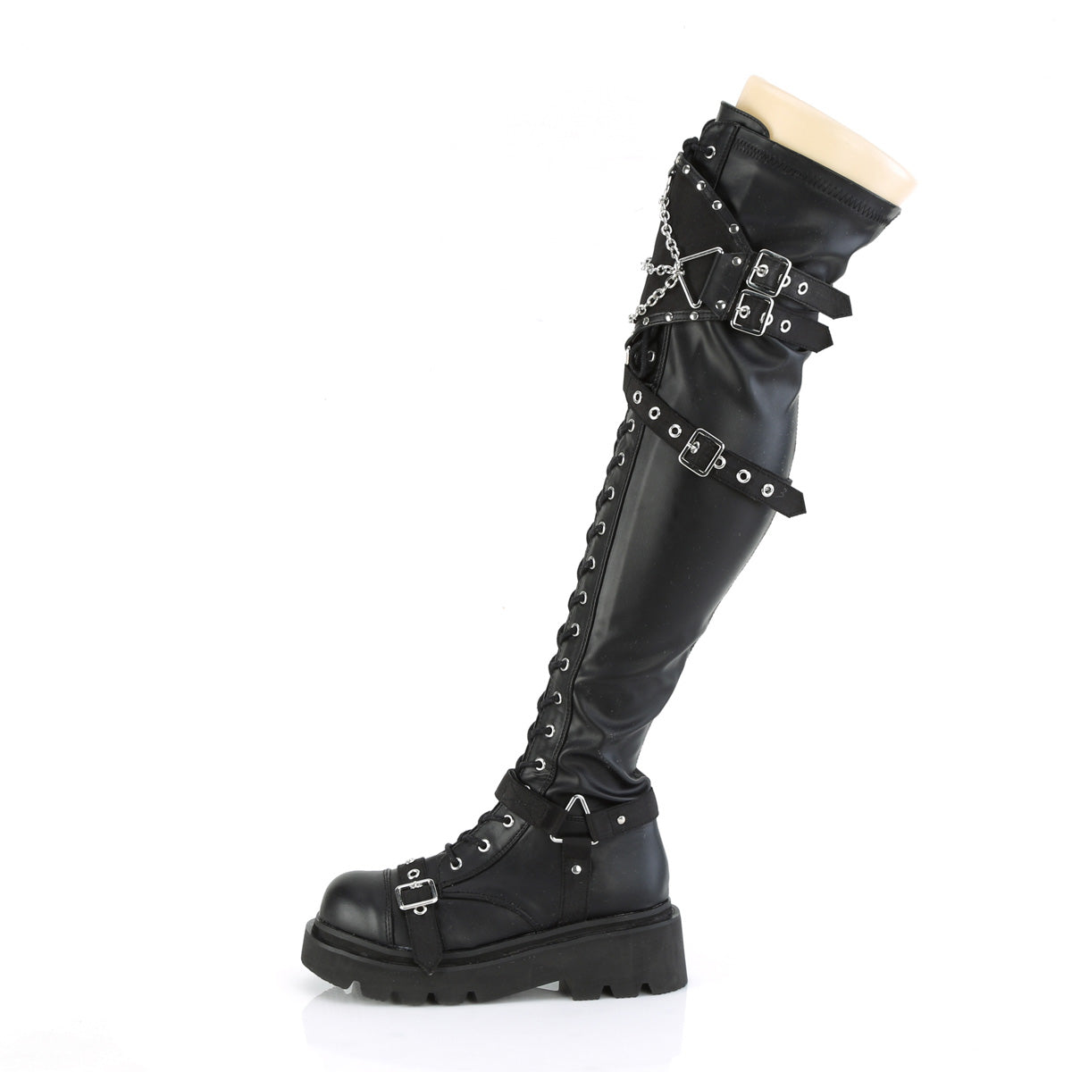 Women's Demonia Renegade-320 Thigh High Boots Black Stretch Vegan Leather | FGX836054