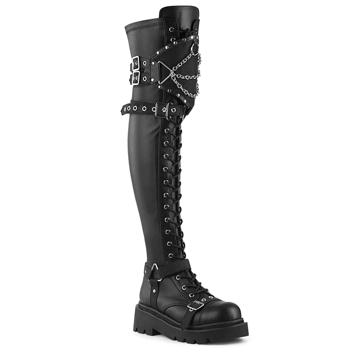 Women\'s Demonia Renegade-320 Thigh High Boots Black Stretch Vegan Leather | FGX836054