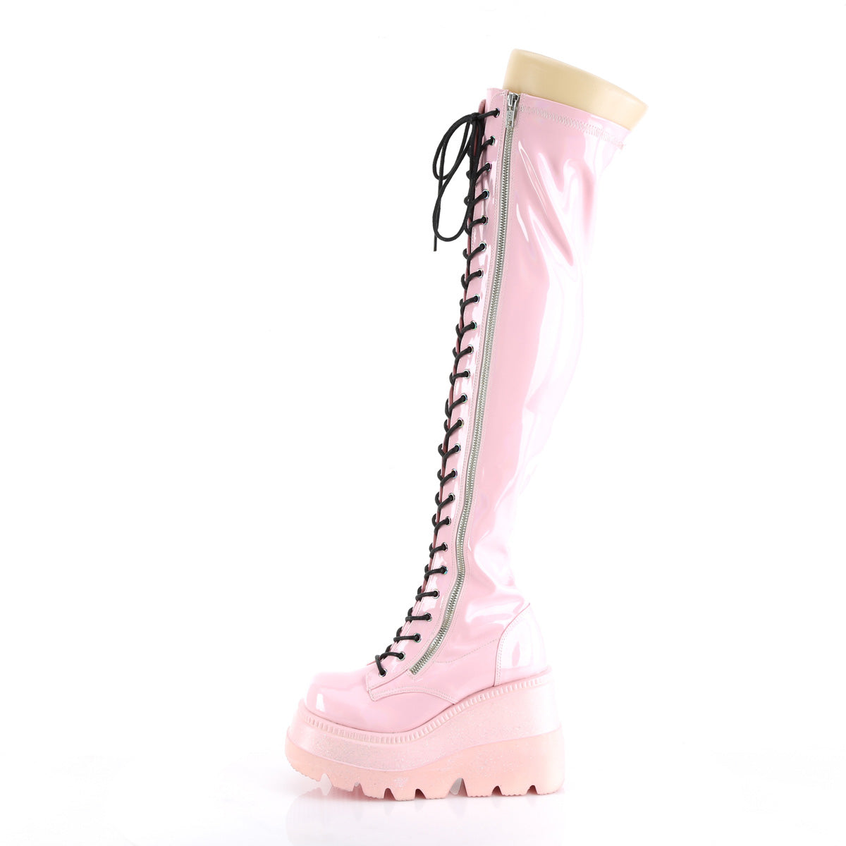 Women's Demonia Shaker-374 Thigh High Boots Baby Pink Hologram Stretch Patent | QWB230458